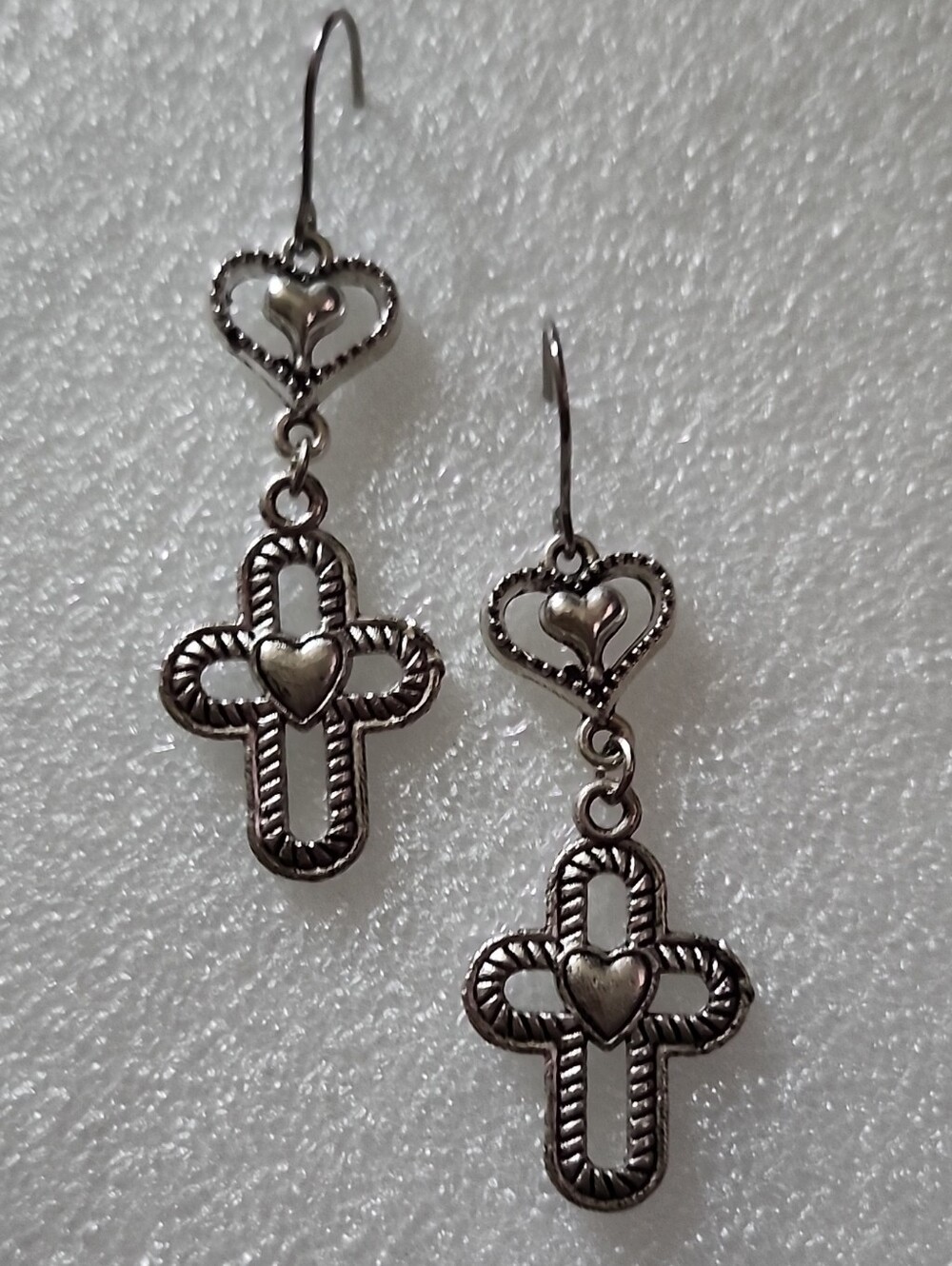 Hand Crafted Silver Heart and Cross Dangle Earrings